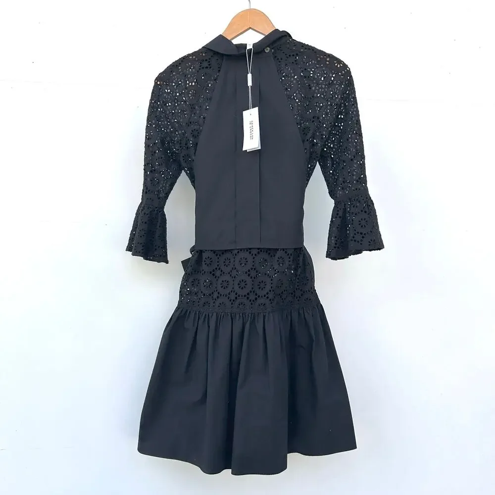 New Derek Lam 10 Crosby Black Eyelet Lace Belted Mini Dress Small 2 Chic